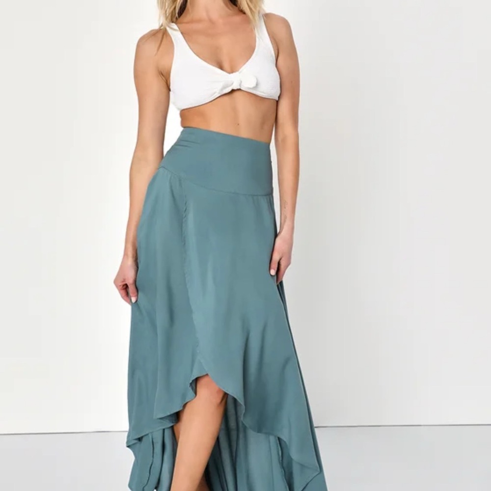 Green Maxi Wrap Skirt with High-Low Hem